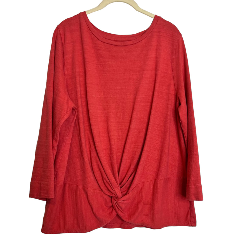 Loft Womens Knit Top XL Dark Coral Twist Knotted Front 3/4 Length Sleeve